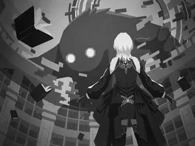 2B facing a large Emil-like machine in a ruined cityscape.