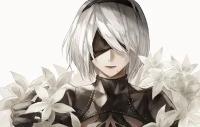Digital art of 2B from NieR:Automata holding white lilies.