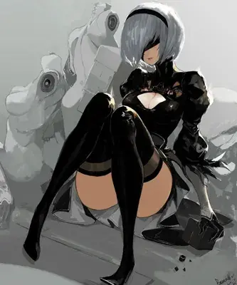 Illustration of 2B sitting amidst the wreckage of a machine enemy.