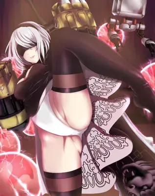 Illustration of 2B from NieR:Automata with a large machine unit.