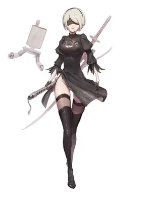 A high-quality digital drawing of the character 2B from NieR:Automata wearing her black dress and blindfold, posing with her swords and Pod 042.