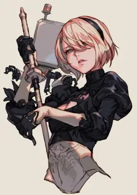 Illustration of 2B holding her katana and Pod 042.