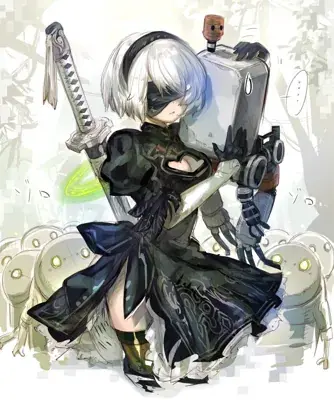 Illustration of 2B from NieR:Automata with her sword and Pod.