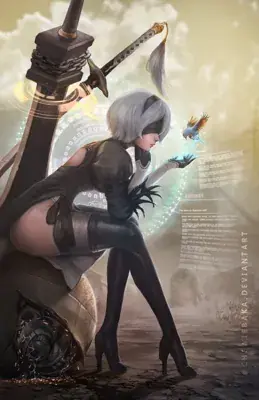 Digital art of 2B from NieR:Automata reaching for Pod in a desolate landscape.