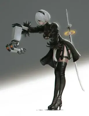 Digital art of 2B from NieR:Automata holding a Pod and with her sword.