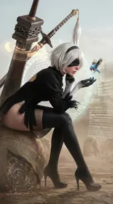 Cosplay of 2B from NieR:Automata kneeling with a small bird on her hand.