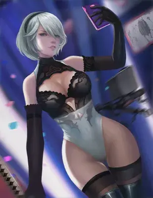 Digital art of 2B from NieR:Automata holding a compact mirror.