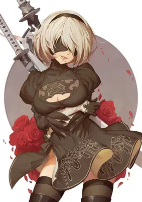 Illustration of 2B from NieR:Automata holding a sword and red roses.