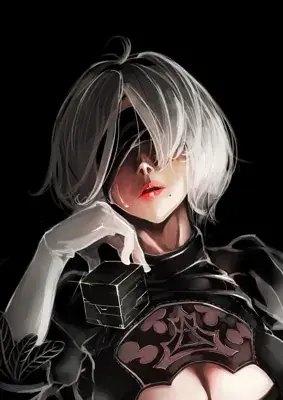 Digital art of 2B from NieR:Automata holding a black box.