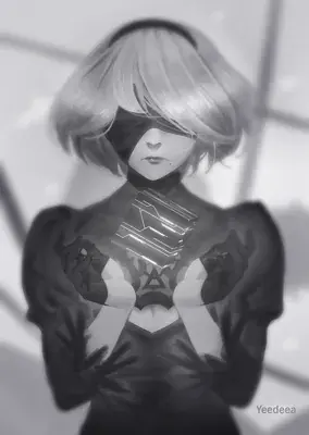 Grayscale illustration of 2B holding a glowing core from NieR:Automata.