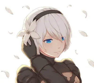 Digital illustration of 2B from NieR: Automata with her eyes visible, holding a white flower against a white background with floating petals.
