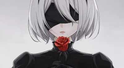 Digital portrait of 2B from NieR:Automata with a red rose.