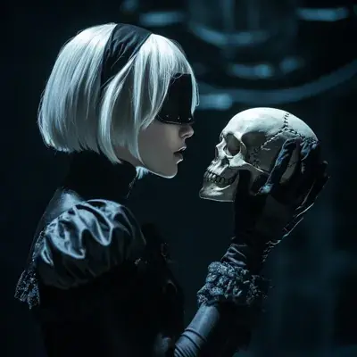 Cosplay of 2B from NieR:Automata holding a skull.