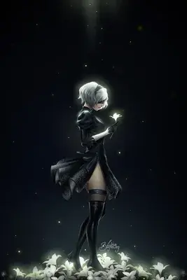 Digital art of 2B from NieR:Automata holding a glowing flower.