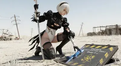 2B from Nier Automata 2B investigating a hazardous facility - digital artwork showing android warrior in signature outfit