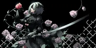 Digital illustration of 2B (YoRHa No.2 Type B) from NieR: Automata, wearing a black gothic-lolita dress and holding a sword amidst pink roses.