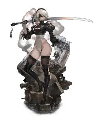 Digital illustration of 2B (YoRHa No.2 Type B) from NieR: Automata standing on wreckage with a sword, wearing a black gothic-lolita outfit and blindfold.