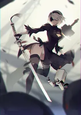 2B from Nier Automata in a dynamic combat pose - digital artwork showing android warrior in signature outfit