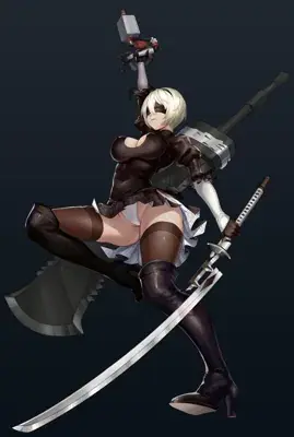 2B from Nier Automata dynamic combat stance - digital artwork showing android warrior in signature outfit