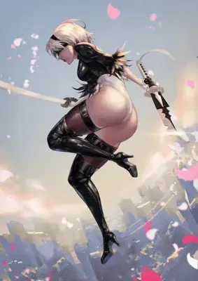Digital illustration of 2B (YoRHa No.2 Type B) from NieR: Automata, depicted in a dynamic pose with a sword and blindfold against a post-apocalyptic cityscape.