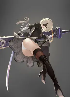 Digital illustration of 2B (YoRHa No.2 Type B) from NieR: Automata, depicted in a gothic-lolita outfit with a blindfold and large sword.