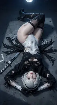 2B from Nier Automata lying on ground with sword - digital artwork showing android warrior in signature outfit