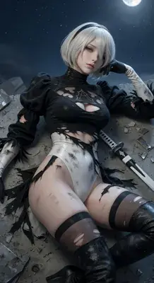 2B from Nier Automata lying in ruins - digital artwork showing android warrior in signature outfit