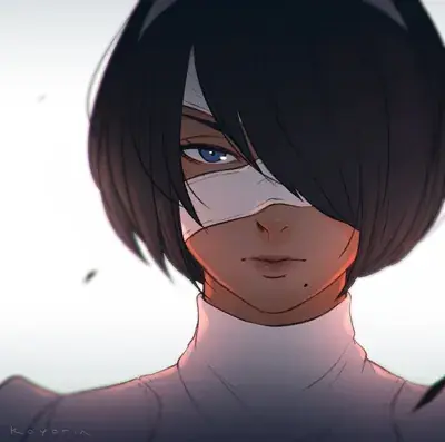 2B from Nier Automata portrait illustration - digital artwork showing android warrior with her blindfold partially lifted