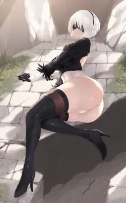2B from Nier Automata resting in a stone corridor - digital artwork showing android warrior in signature outfit