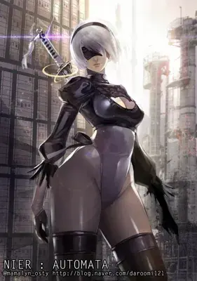 2B from Nier Automata standing in a post-apocalyptic urban setting - digital artwork showing android warrior in signature outfit
