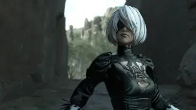 2B from Nier Automata standing in the ruins - digital artwork showing android warrior in signature outfit