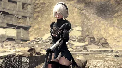 2B from Nier Automata standing in the ruins - digital artwork showing android warrior in signature outfit