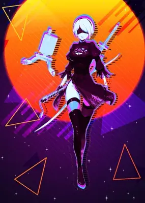 2B from Nier Automata in a retro synthwave style digital artwork showing android warrior in signature outfit