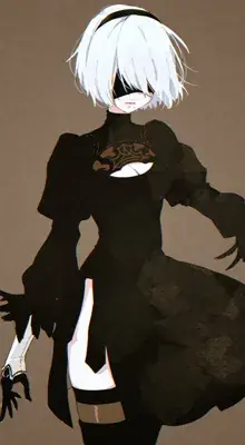 Digital drawing of 2B from NieR Automata wearing her black dress and blindfold against a textured brown background.