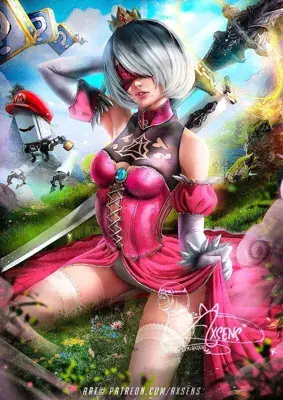 Digital painting of 2B (NieR Automata) wearing a pink Princess Peach outfit and crown, sitting dramatically in a sunny field. A Machine Lifeform wearing a Mario hat stands next to floating question blocks.