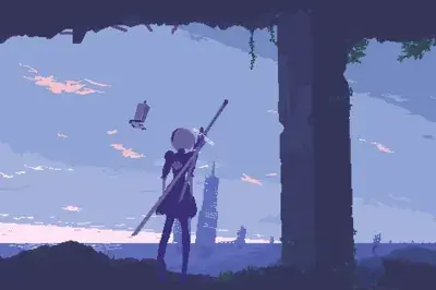 Pixel art of 2B overlooking a ruined city.