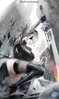 A digital art piece of 2B from NieR:Automata in a dynamic low-angle pose, holding a sword amidst urban ruins.