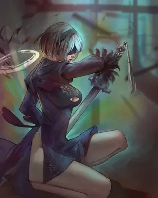 Digital art of NieR:Automata character 2B in a dynamic, crouching combat pose, holding her sword, against a dark, industrial-aesthetic background with a subtle halo effect.