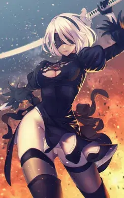 Digital art of 2B from NieR: Automata in a low-angle combat pose holding a sword against a fiery, ember-filled background.
