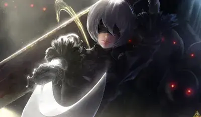 Detailed digital painting of NieR Automata's 2B in a dynamic, low-angle combat pose, holding a large, brightly lit sword against a background of dark machine lifeforms with glowing red eyes.