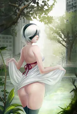Digital art of 2B from NieR:Automata standing near a pond.
