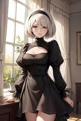 Illustration of 2B from NieR:Automata standing near a window.