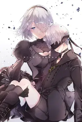 A digital artwork of 2B holding 9S in her arms, both wearing their black YoRHa outfits against a white background with falling petals.