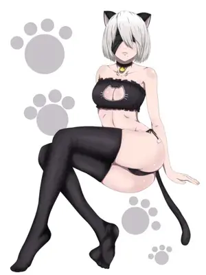 Digital art of 2B from NieR: Automata wearing a black cat-themed lingerie set with cat ears, a tail, and a bell choker, sitting against a background with paw prints.