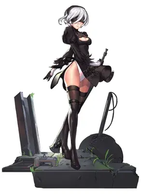 A full-body digital drawing of 2B from NieR: Automata standing on industrial ruins. She wears a black dress, blindfold, and white-hair, holding her sword behind her back.