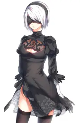 A digital anime-style drawing of 2B from NieR: Automata standing in her classic black dress and blindfold against a plain white background.
