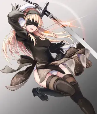 Digital art of 2B from NieR: Automata in a jumping combat pose with her sword drawn.