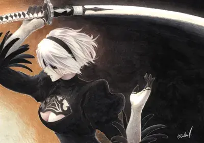 A textured drawing of 2B from NieR:Automata in a mid-swing combat pose with a katana, featuring her black dress and white hair against a dark, dramatic background.