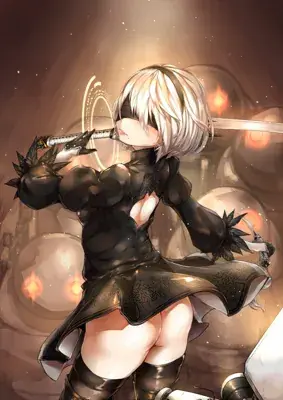 A detailed digital painting of 2B from NieR: Automata in her black dress, wielding swords in a battle pose against a backdrop of glowing mechanical enemies.