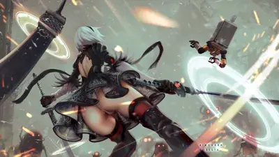 A low-angle digital painting of 2B from NieR: Automata holding two swords while fighting small robots in a hazy industrial ruins setting.
